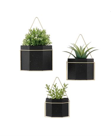 Modern Geometric Black and Gold Metal Wall Planters - Set of 3