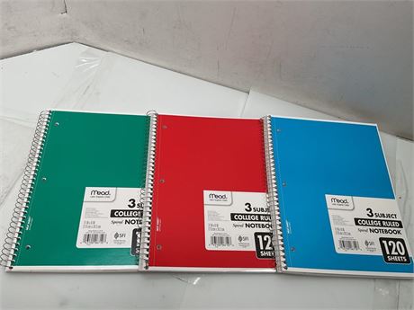 (3-Notebooks), Mead Spiral Notebook, 3-Subject, College Ruled Paper, 8" x 11",
