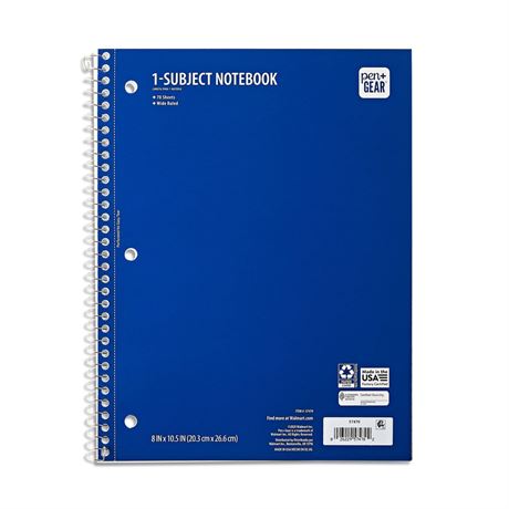 Pen+Gear Wide Ruled 1-Subject Notebook, 8" x 10.5", Blue, 70 Sheets, pack of 24