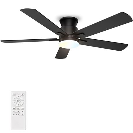 Ceiling Fans with Lights 52 Inch, Flush Mount, Remote Control, 3CCT Dimmable, 6