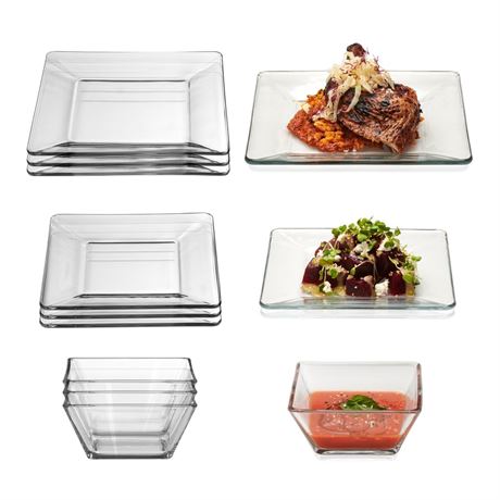 Libbey Tempo Glass Dinnerware Set, Sleek Square Clear Glass Plates and Bowls