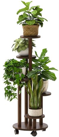 Indoor Plant Stand with Wheels, 5 Tiered , Bamboo Plant Stands for Indoor