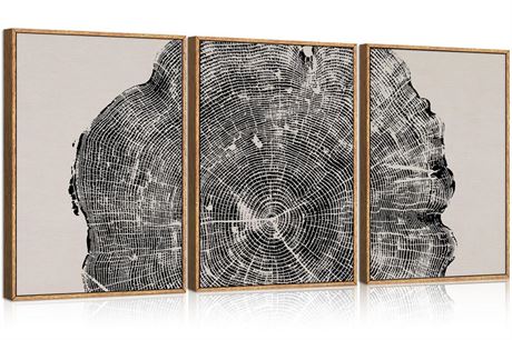 CHDITB Framed Tree Ring Wall Art Set of 3, 24"x36" Abstract Wood Stump Wall