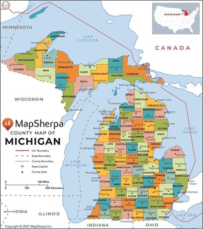 Michigan Counties Map - Standard - 36" x 40.75" Laminated