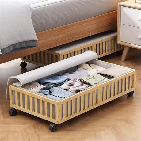 Bamboo Under Bed Storage Containers with Wheels, 2 Pack Large Under the Bed