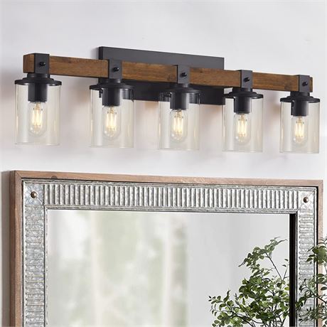 DUJAHMLAND Farmhouse Vanity Lights, 5-Light Wood Bathroom Wall Lighting with