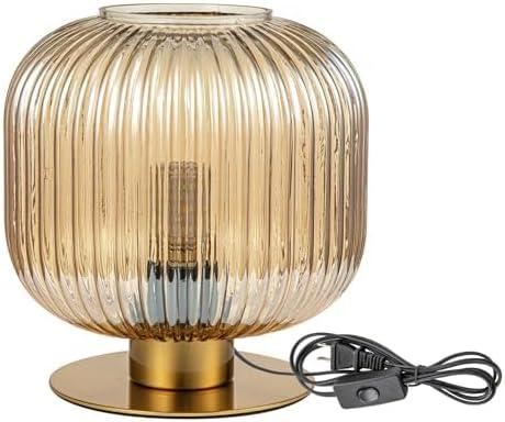 Plug in Table Lamp with Amber Glass Shade Mid Century Modern Lamps for