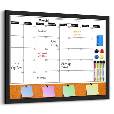 Monthly Whiteboard Calendar & Cork Boards for Walls, 23"x17" Magnetic Dry Erase
