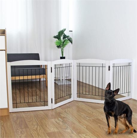 Freestanding Foldable Dog Gate for House Extra Wide Wooden White Indoor Puppy