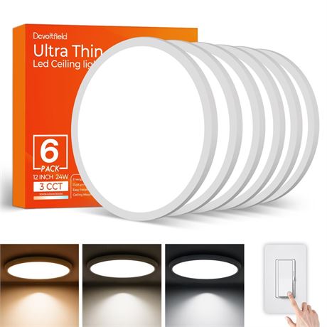 6Pack 12Inch LED Flush Mount Ceiling Light Fixture,24W 2640LM,Dimmable CCT