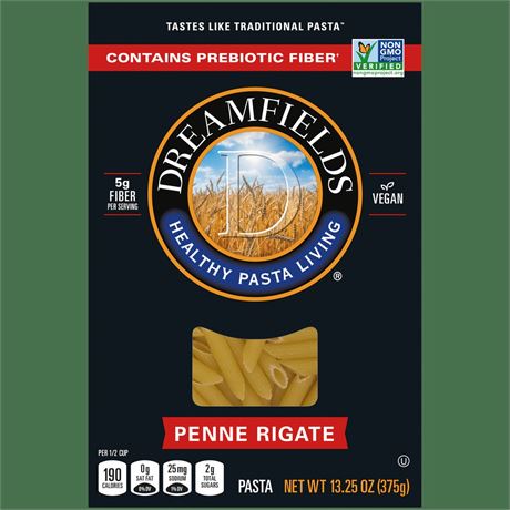 Dreamfields Penne Rigate Pasta, Vegan with 5g Fiber, 13.25 oz, (Shelf Stable)