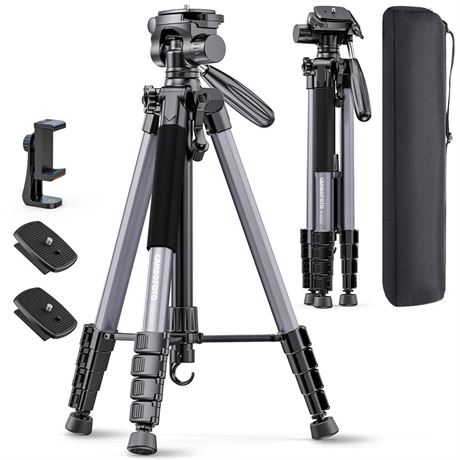 74"-Camera-Tripod, Gray Porfessional Aluminum Tripod Stand for Mirrorless