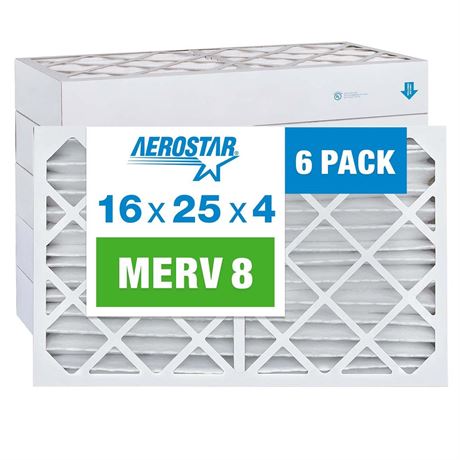 Aerostar 16x25x4 MERV 8 Pleated Air Filter, AC Furnace Air Filter, 6 Pack