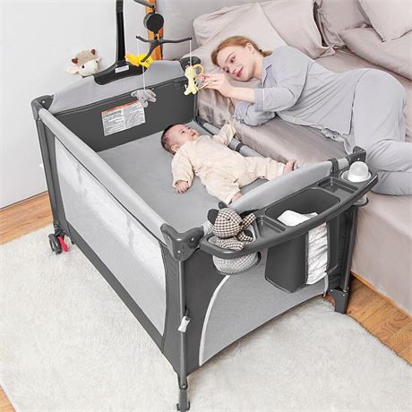 Baby Bassinet Bedside Sleeper,5 in-1 Pack and Play Portable Crib for