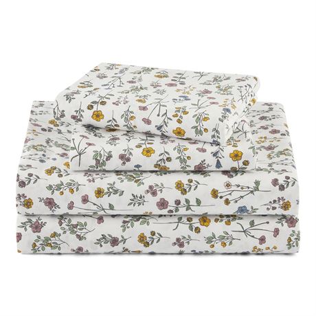Beautiful Botanical 4-Piece 100% Cotton Washed Percale White Sheet Set, Queen