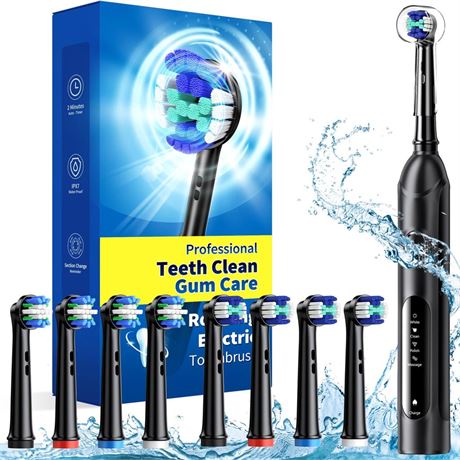 Rotating Electric Toothbrush for Adults with 8 Brush Heads (2 Types), 4 Modes