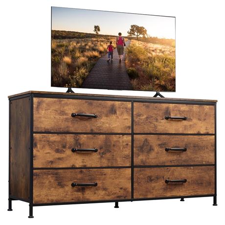 WLIVE Wide Fabric Dresser, 6 Drawer Dresser TV Stand for 60" TV, Dressers