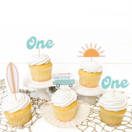 The Big One Cupcake Toppers - Retro Surfer Theme First Birthday Decor Set of