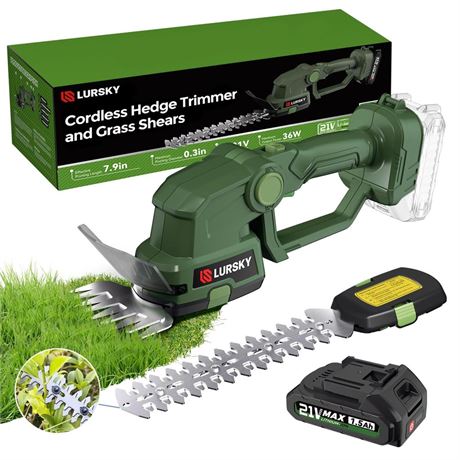 Cordless Hedge Trimmer with Battery - 2-in-1 21V Grass Shears Handheld,