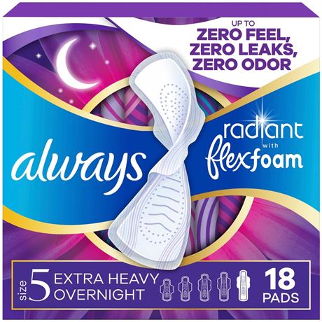 Always Radiant with FlexFoam Pads, Size 5, Extra Heavy Overnight, Wings, 18