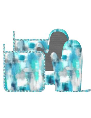 Oven Mitts and Pot Holders 4pcs Set, Teal Gray Kitchen Oven Glove with Non-Slip