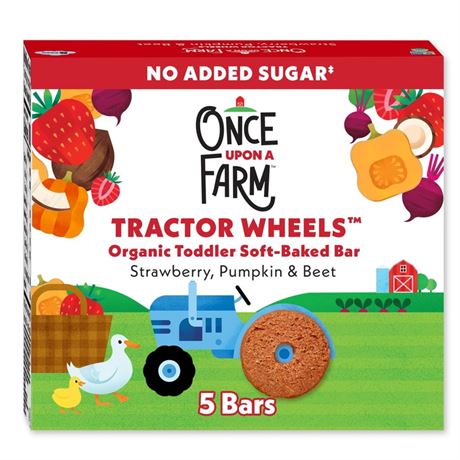 Once Upon a Farm Organic Tractor Wheels Toddler Bar, Strawberry, Pumpkin &