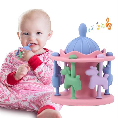 Teething Toys for Babies 0-12 Months, DDMY Baby Carousel Rattle Teether, Food