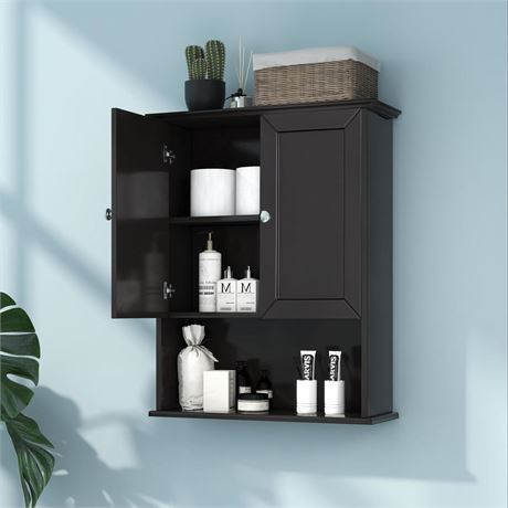 Black Wall Cabinet 24x30 Inch Wooden Over The Toilet Storage Cabinets with 2