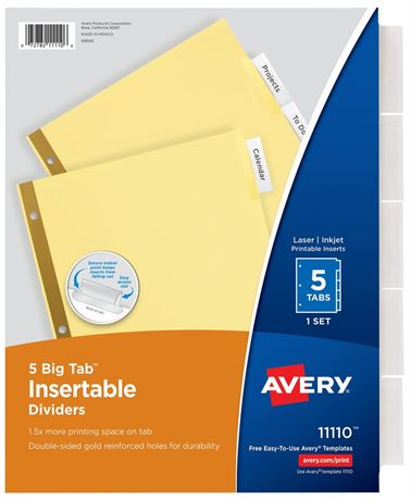 Avery 5-Tab Binder Dividers, Insertable Clear Big Tabs, 24 Sets, 2 Pack (11113)