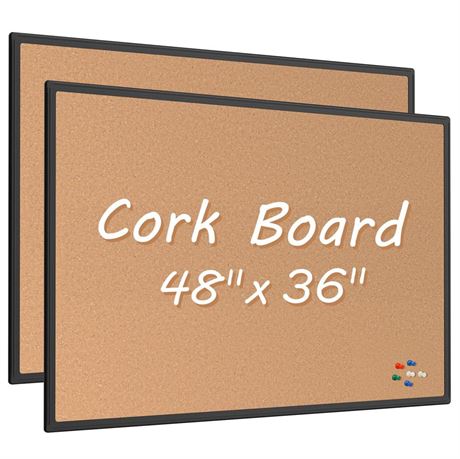 Board2by 2-Pack Cork Board Bulletin Board 48 x 36, Black Aluminium Framed 4x3