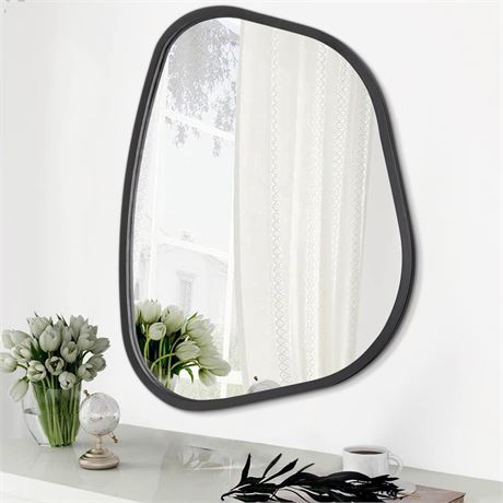 Black Asymmetrical Wall Mirror Large 20"x16" Irregular Oval Mirror Modern Wood