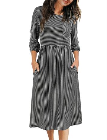 MEROKEETY Women's 3/4 Balloon Sleeve Striped High Waist T Shirt Midi Dress with