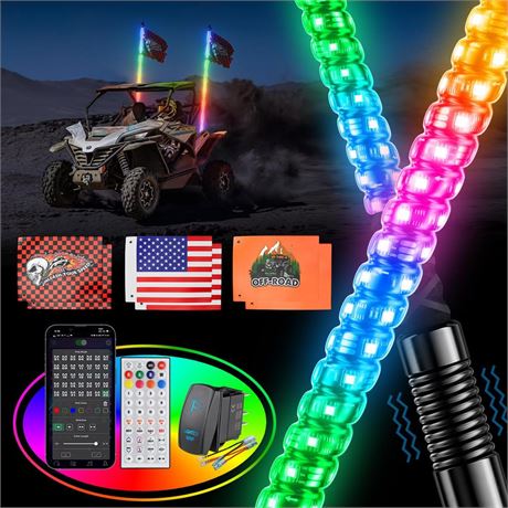 2PCS 3FT Whip Lights for UTV ATV with Spring Base, Tripled Brighter Led Whip