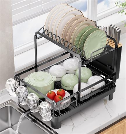 Runnatal 2-Tier Dish Drying Rack, Large Dish Rack with Drainboard Set,