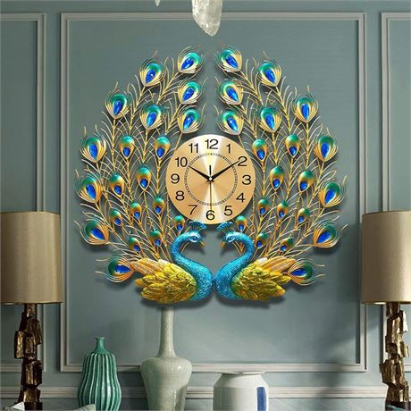 Large Peacock Wall Clock 27.6 inch Non-Ticking Silent Crystal Creative