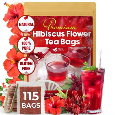 FreshDrinkUS, Premium 115 Hibiscus Flowers Tea Bags, 100% Natural & Pure. Loose