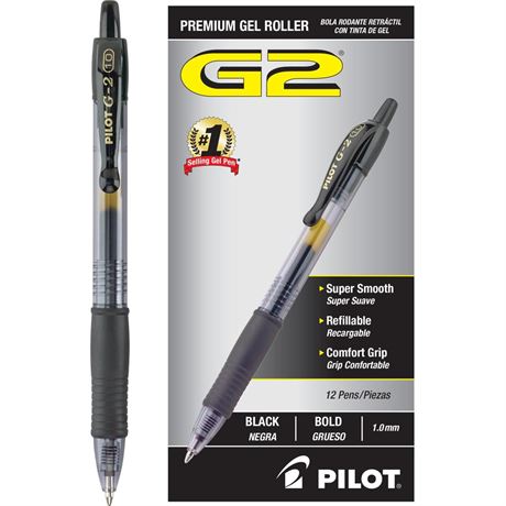 Pilot, G2 Premium Gel Roller Pens, Bold Point 1 mm, Pack of 12, Black Black Ink