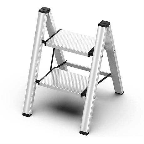 GameGem 2 Step Ladder, Aluminum Folding Step Stool with Anti-Slip Sturdy and