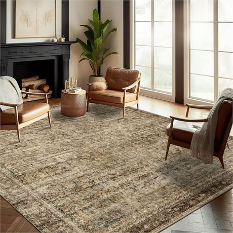 Area Rug 8x10 Washable Rug Brown Vintage Rug Traditional Mat Distressed Indoor