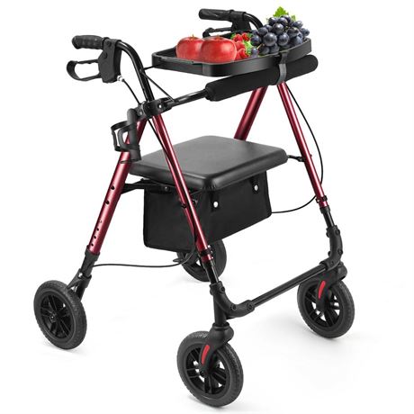 Rollator Walker Red 8" Large 4 Wheels Rolling Walkers for Seniors with