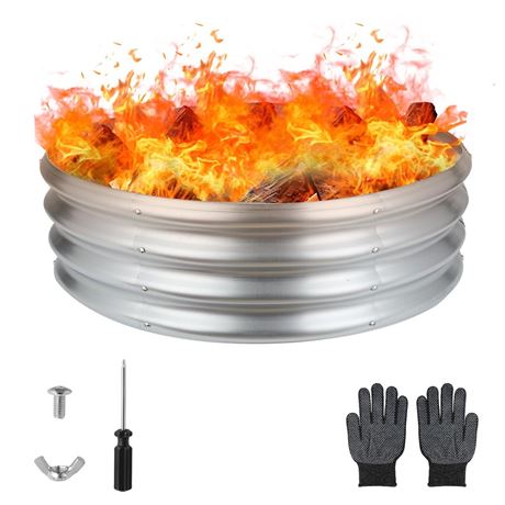 Raynesys 36 Inch Round Galvanized Fire Pit Ring, Silver Round Galvanized Fire