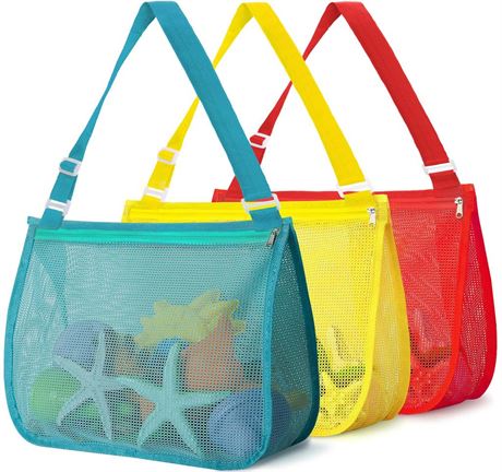 3 Pack Large Beach Shell Bags for Kids, 12.6""x9.8"" Beach Mesh Bags for