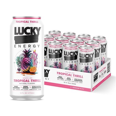 Lucky Energy Sugar Free Energy Drinks, Tropical Thrill, 16oz Cans (12-Pack)