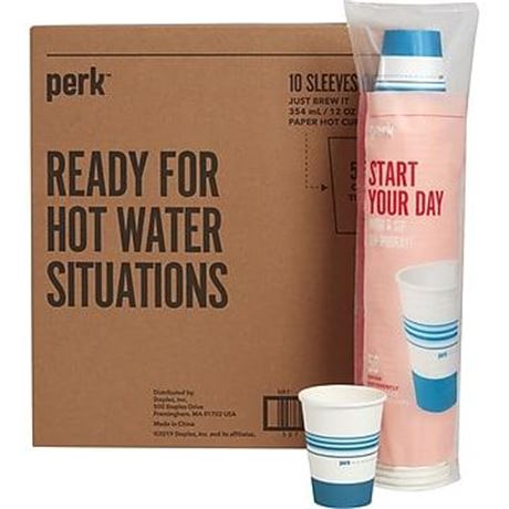 Perk Paper Hot Cup 12 Oz. White/Blue 500/Carton PK54367CT