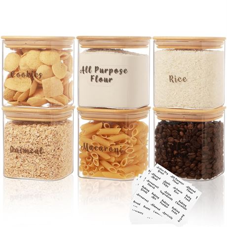 6 Pcs Square Glass Pantry Storage Containers with Bamboo Airtight Lid and 248