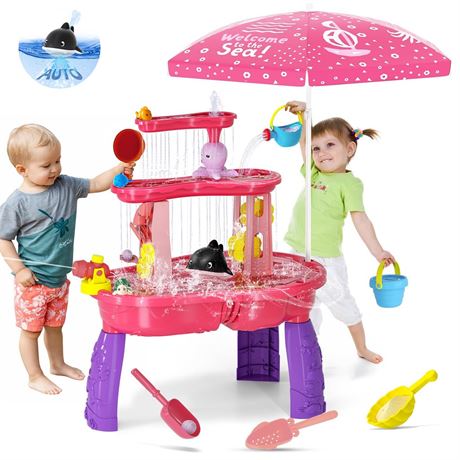 2026 Sand Water Table Toys for Toddlers 1-3 3-5 with Umbrella, 3-Tier Kids