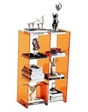 Acrylic Bookshelf Bookcase, Stainless Steel Tubes Shelf Storage, Orange, 3 Tier