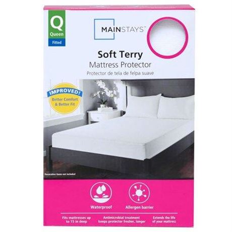 Mainstays Soft Terry Waterproof Fitted Mattress Protector  Queen