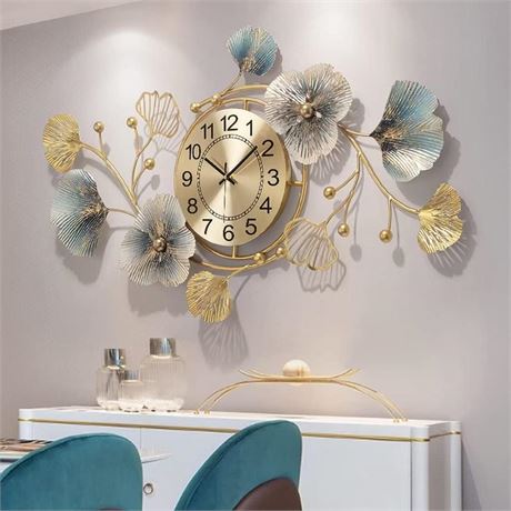 Large Wall Clock 37 Inch Creative Metal Ginkgo Leaf Design Wall Clock Silent