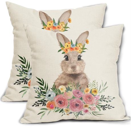 Spring Pillow Covers 18x18 Inch Cute Watercolor Rabbit Bunny Floral Easter